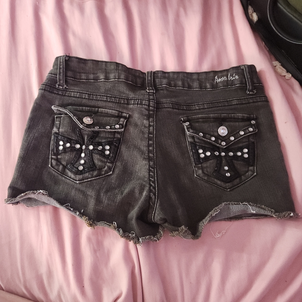 Arco Iris Jean shorts black with rhinestones and cross design, 2000s y2k